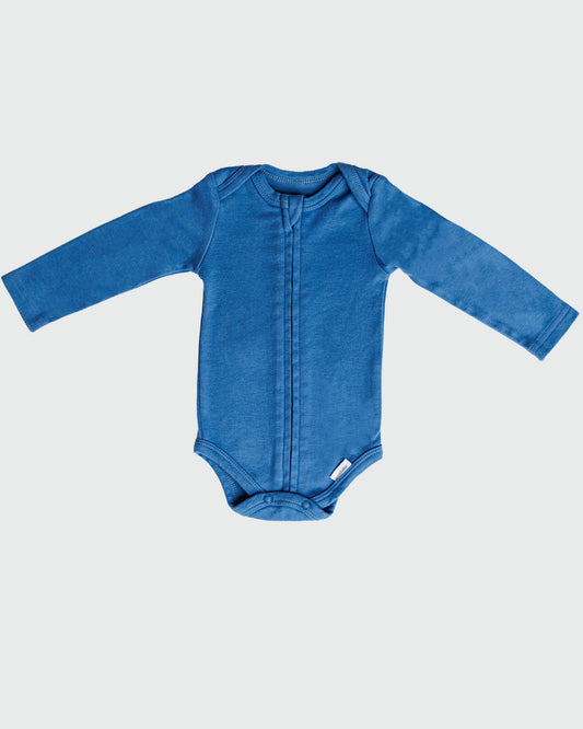 Long Sleeve Zipper Bodysuit in Denim, 3-6M - Dreambelles