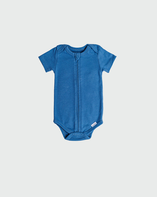 Short Sleeve Zipper Bodysuit in Denim, 0-3M - Dreambelles