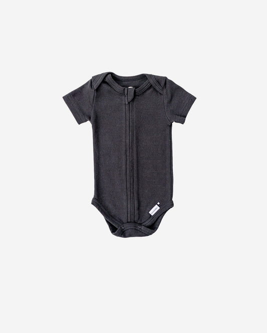 Short Sleeve Zipper Bodysuit in Eclipse, 0-3M - Dreambelles