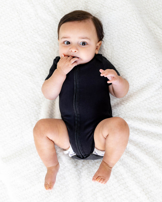 Short Sleeve Zipper Bodysuit in Eclipse, 9-12M - Dreambelles