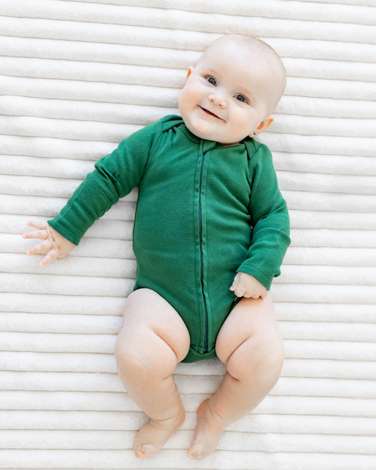 Long Sleeve Zipper Bodysuit in Hunter, 9-12M - Dreambelles