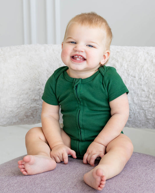 Short Sleeve Zipper Bodysuit in Hunter, 9-12M - Dreambelles