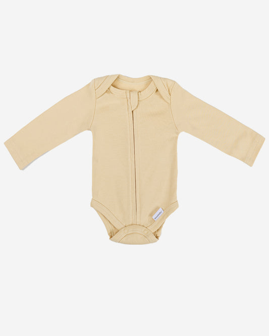 Long Sleeve Zipper Bodysuit in Latte, 3-6M - Dreambelles