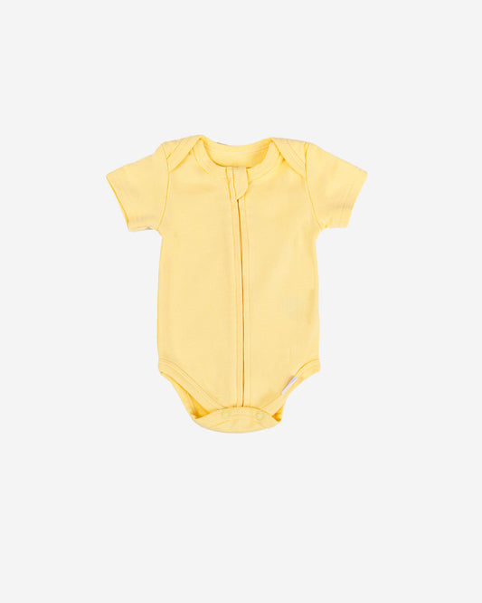 Short Sleeve Zipper Bodysuit in Lemon, 3-6M - Dreambelles