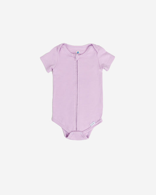 Short Sleeve Zipper Bodysuit in Lilac, 9-12M - Dreambelles