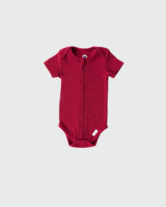 Short Sleeve Zipper Bodysuit in Maroon, 6-9M - Dreambelles