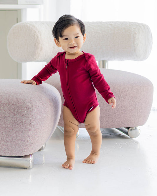 Long Sleeve Zipper Bodysuit in Maroon, 9-12M - Dreambelles