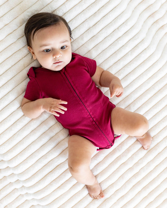 Short Sleeve Zipper Bodysuit in Maroon, 9-12M - Dreambelles