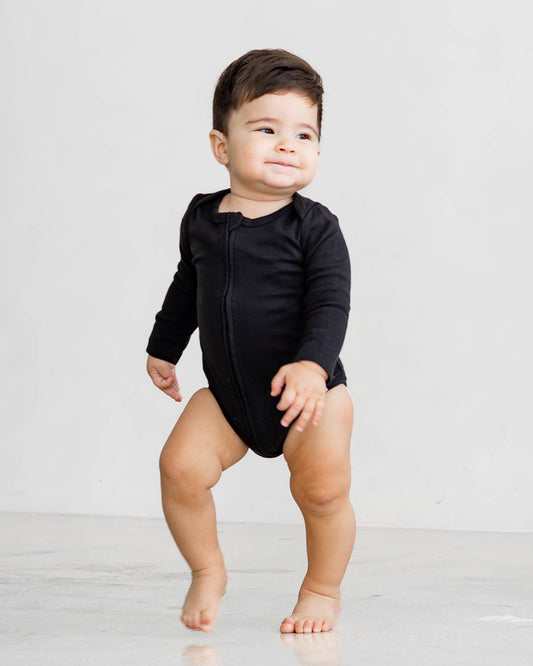 Long Sleeve Zipper Bodysuit in Eclipse, 9-12M - Dreambelles