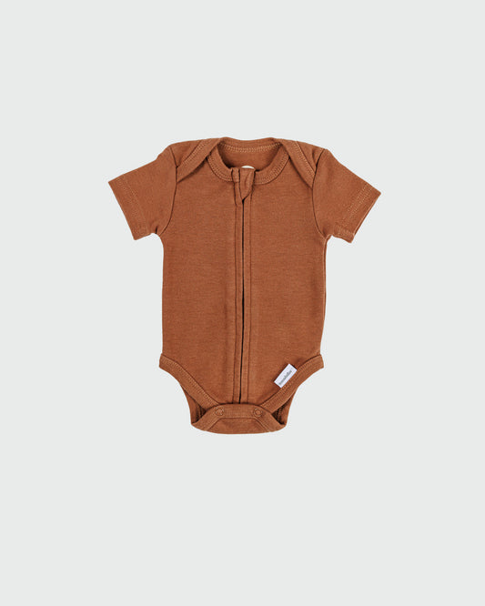 Short Sleeve Zipper Bodysuit in Mocha, 3-6M - Dreambelles