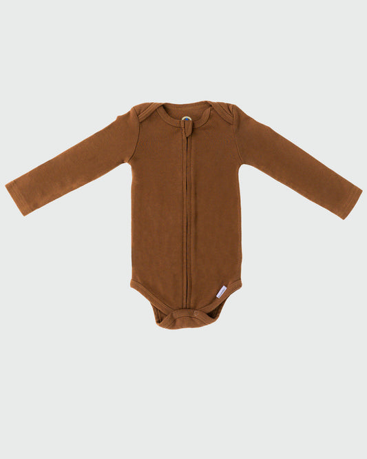 Long Sleeve Zipper Bodysuit in Mocha, 9-12M - Dreambelles