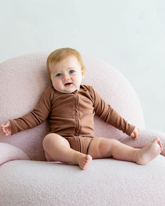 Long Sleeve Zipper Bodysuit in Mocha, 9-12M - Dreambelles