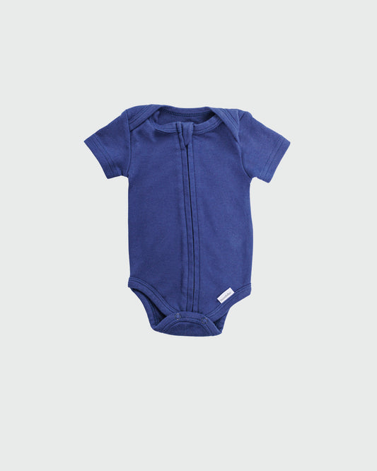 Short Sleeve Zipper Bodysuit in Navy, 9-12M - Dreambelles