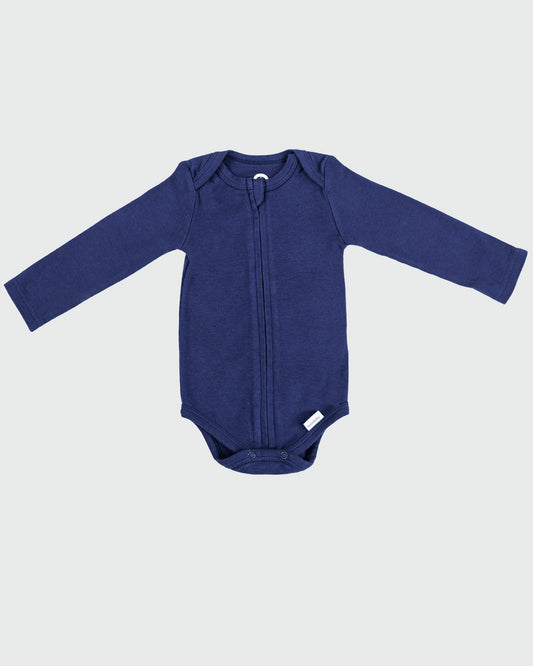 Long Sleeve Zipper Bodysuit in Navy, 9-12M - Dreambelles