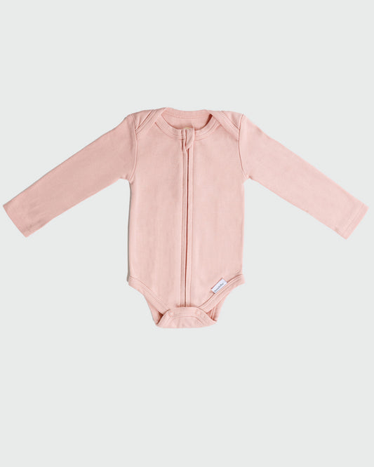 Long Sleeve Zipper Bodysuit in Peach, 6-9M - Dreambelles