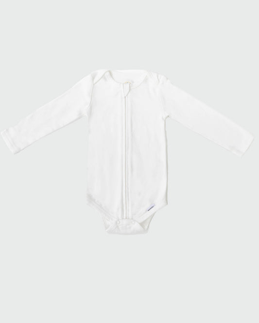 Long Sleeve Zipper Bodysuit in Pearl, 6-9M - Dreambelles