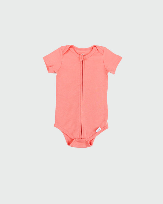Short Sleeve Zipper Bodysuit in Rose, 3-6M - Dreambelles