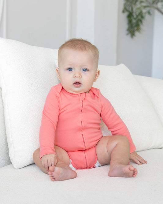 Long Sleeve Zipper Bodysuit in Rose, 9-12M - Dreambelles