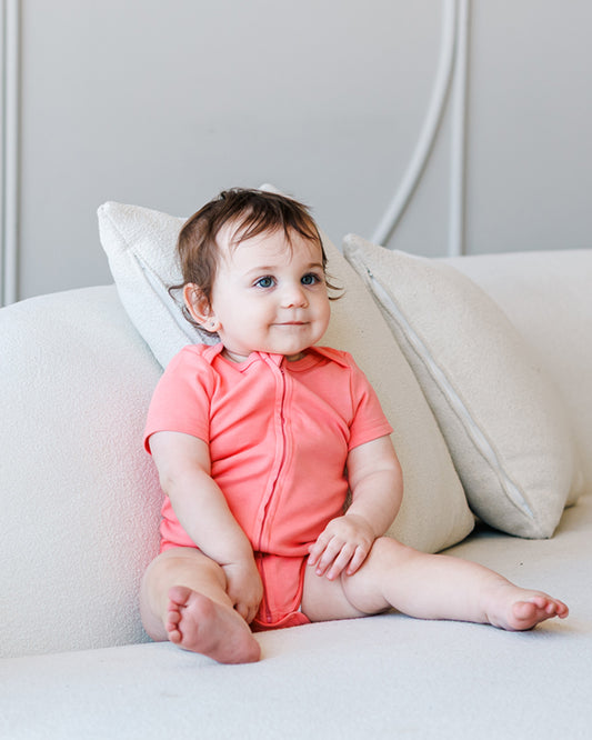 Short Sleeve Zipper Bodysuit in Rose, 9-12M - Dreambelles
