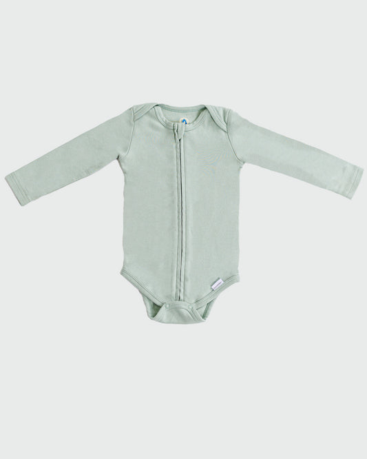 Long Sleeve Zipper Bodysuit in Sage, 3-6M - Dreambelles