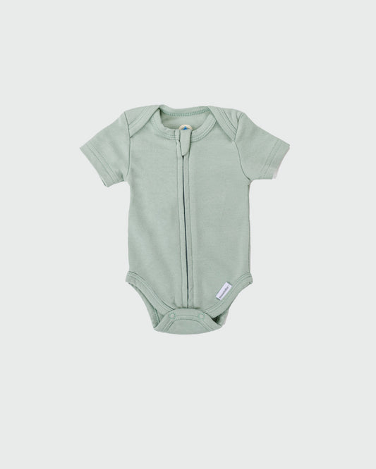 Short Sleeve Zipper Bodysuit in Sage, 6-9M - Dreambelles