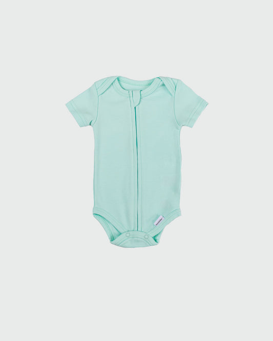 Short Sleeve Zipper Bodysuit in Seafoam, 6-9M - Dreambelles