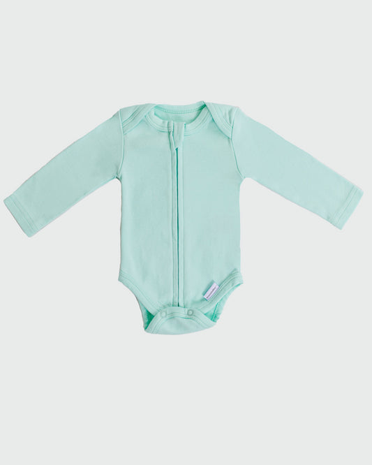 Long Sleeve Zipper Bodysuit in Seafoam, 9-12M - Dreambelles