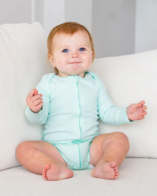 Long Sleeve Zipper Bodysuit in Seafoam, 9-12M - Dreambelles