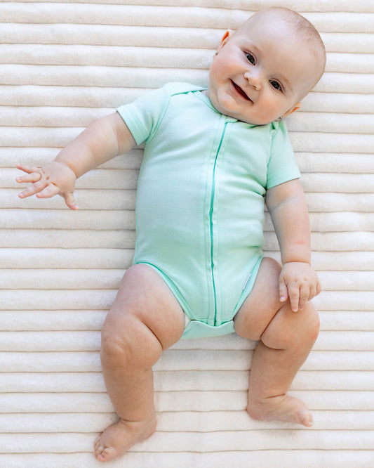 Short Sleeve Zipper Bodysuit in Seafoam, 9-12M - Dreambelles