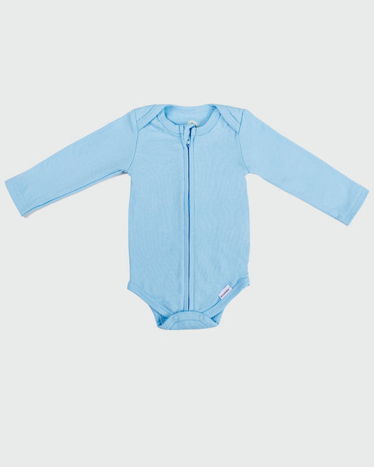 Long Sleeve Zipper Bodysuit in Sky, 3-6M - Dreambelles