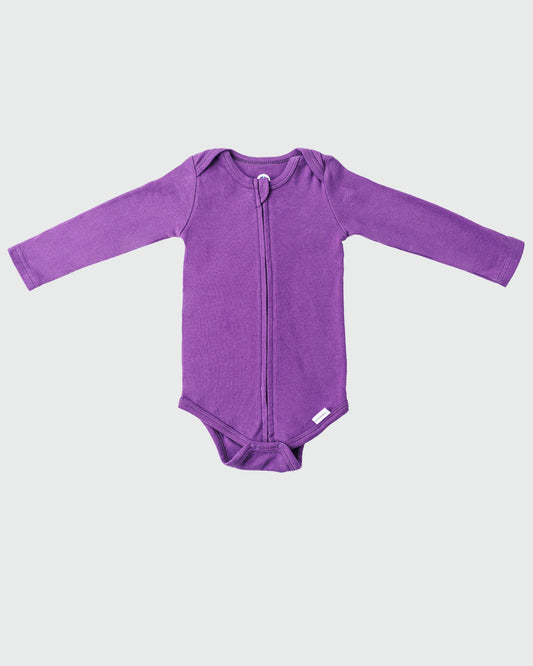 Long Sleeve Zipper Bodysuit in Violet, 9-12M - Dreambelles