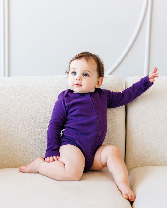 Long Sleeve Zipper Bodysuit in Violet, 9-12M - Dreambelles