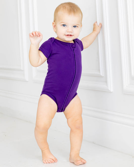 Short Sleeve Zipper Bodysuit in Violet, 9-12M - Dreambelles