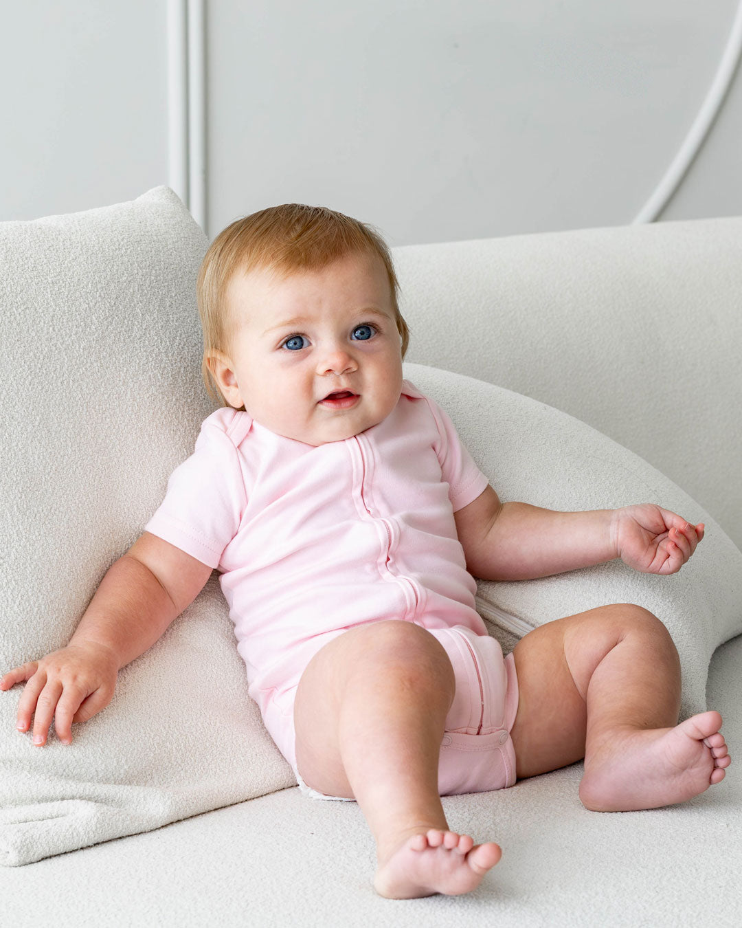 Short Sleeve Zipper Bodysuit in Blush, 9-12M - Dreambelles