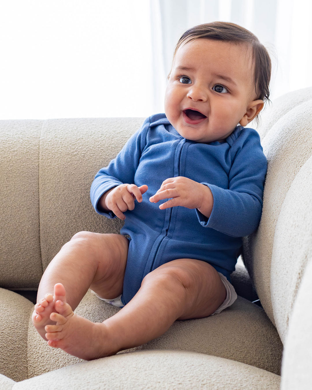 Long Sleeve Zipper Bodysuit in Denim, 3-6M - Dreambelles