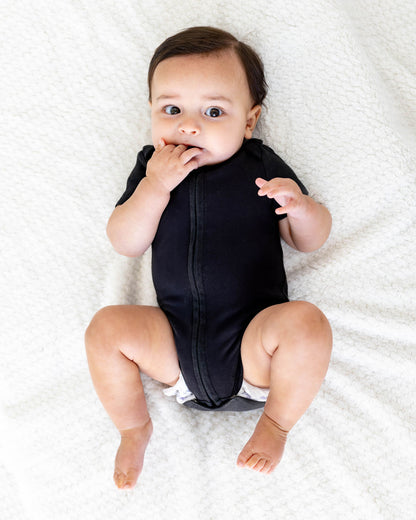 Short Sleeve Zipper Bodysuit in Eclipse, 3-6M - Dreambelles
