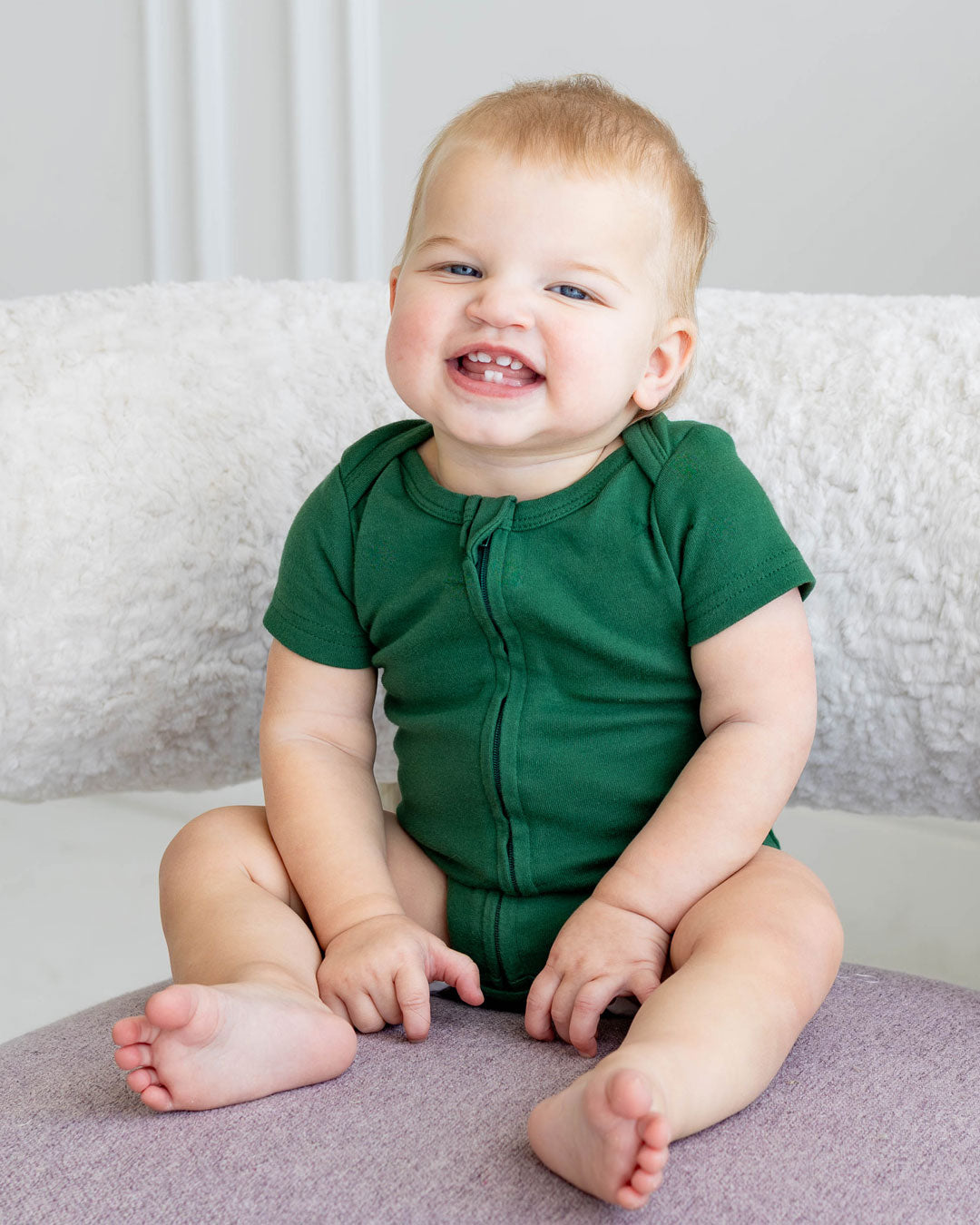 Short Sleeve Zipper Bodysuit in Hunter, 9-12M - Dreambelles