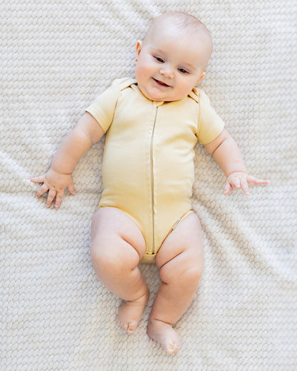 Short Sleeve Zipper Bodysuit in Latte, 3-6M - Dreambelles