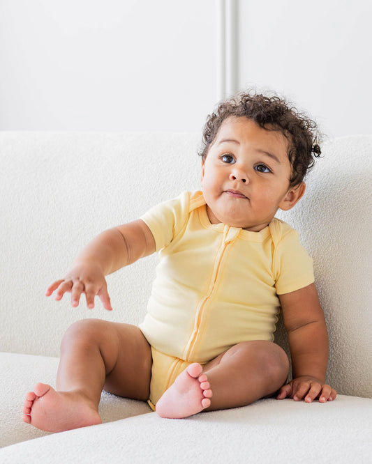 Short Sleeve Zipper Bodysuit in Lemon, 6-9M - Dreambelles