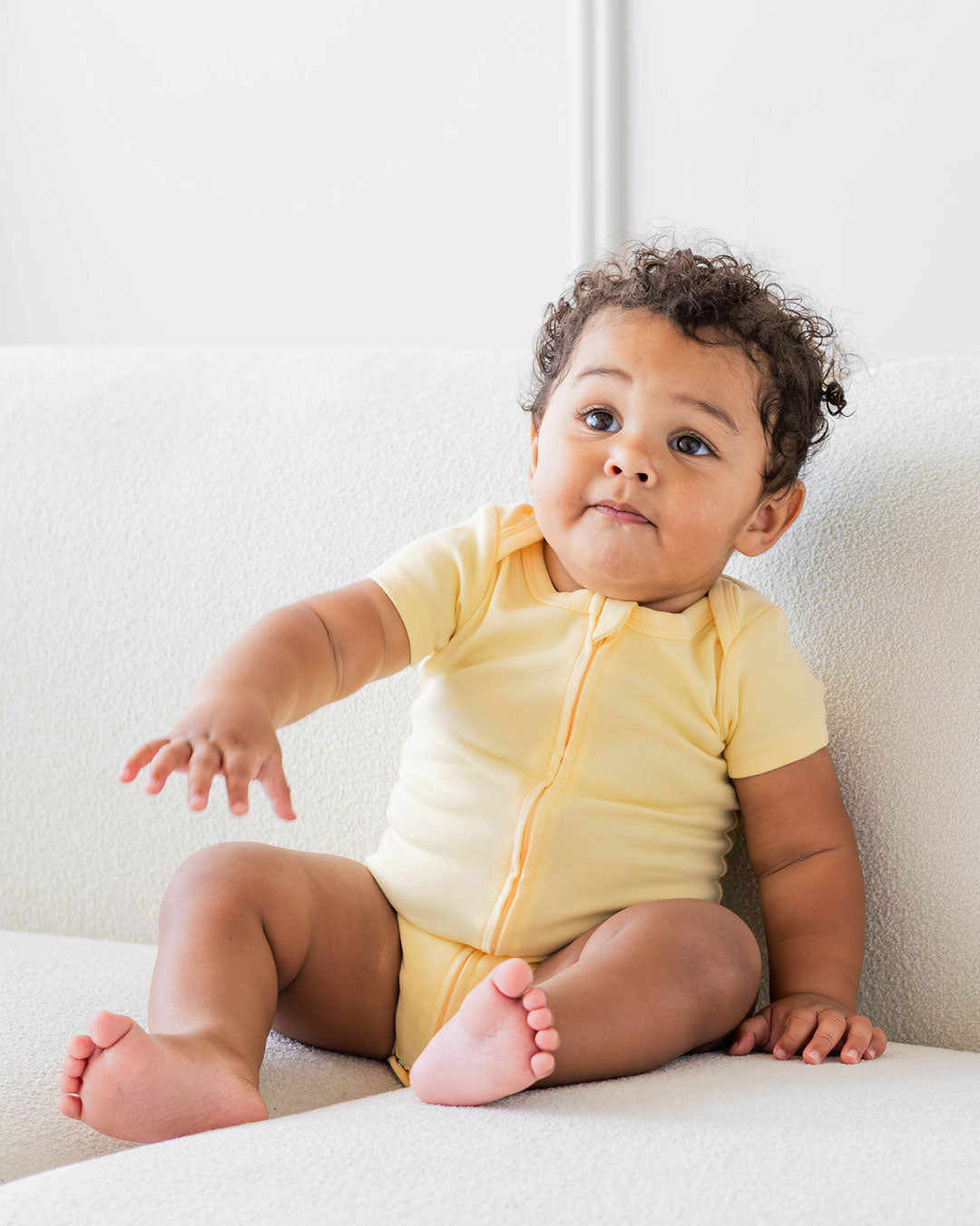 Short Sleeve Zipper Bodysuit in Lemon, 9-12M - Dreambelles