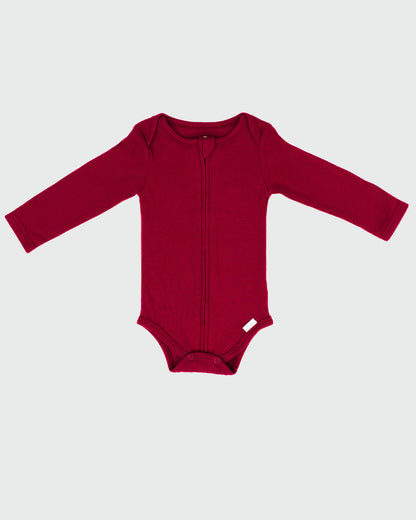 Long Sleeve Zipper Bodysuit in Maroon - Dreambelles