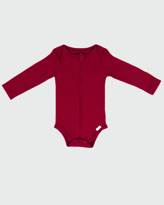 Long Sleeve Zipper Bodysuit in Maroon - Dreambelles