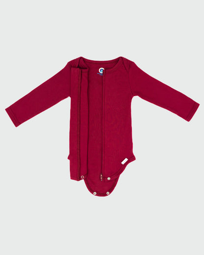 Long Sleeve Zipper Bodysuit in Maroon - Dreambelles