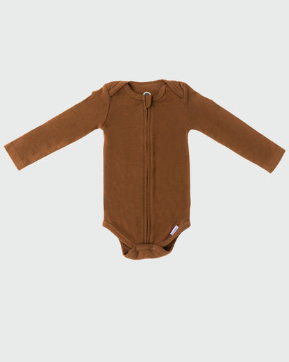 Long Sleeve Zipper Bodysuit in Mocha - Dreambelles