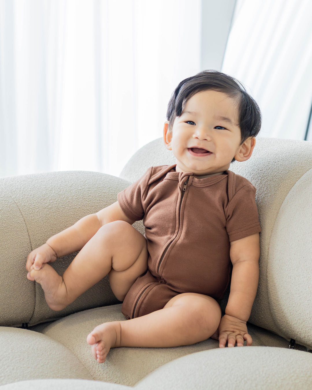 Short Sleeve Zipper Bodysuit in Mocha, 9-12M - Dreambelles