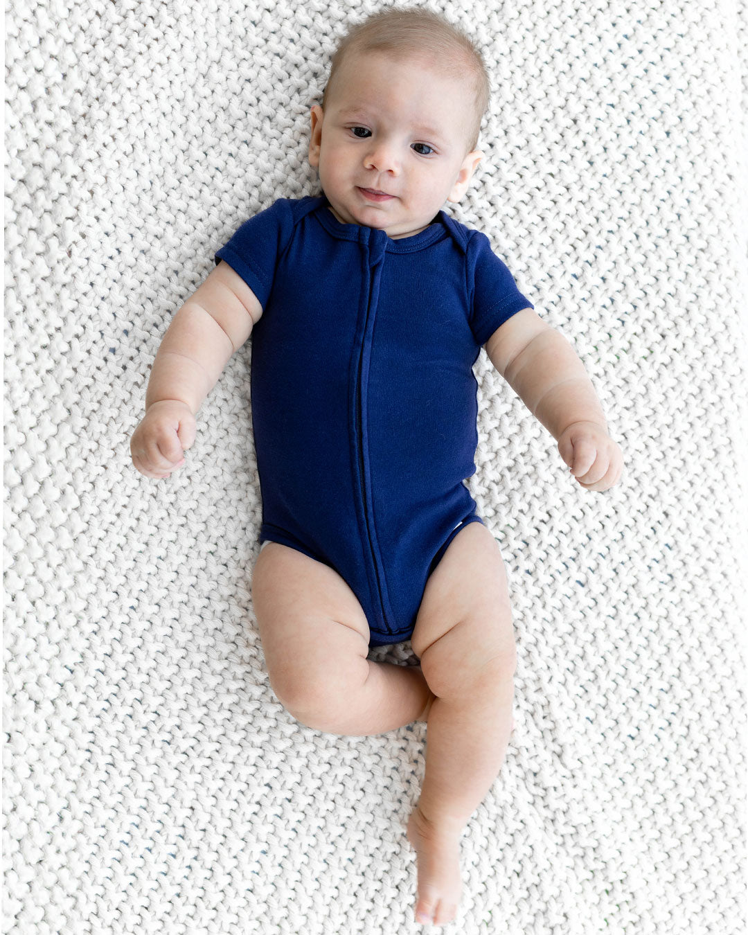 Short Sleeve Zipper Bodysuit in Navy, 9-12M - Dreambelles
