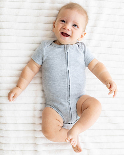 Short Sleeve Zipper Bodysuit in Storm, 3-6M - Dreambelles