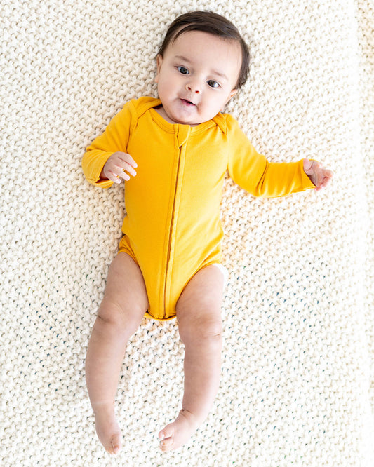 Long Sleeve Zipper Bodysuit in Sunburst - Dreambelles